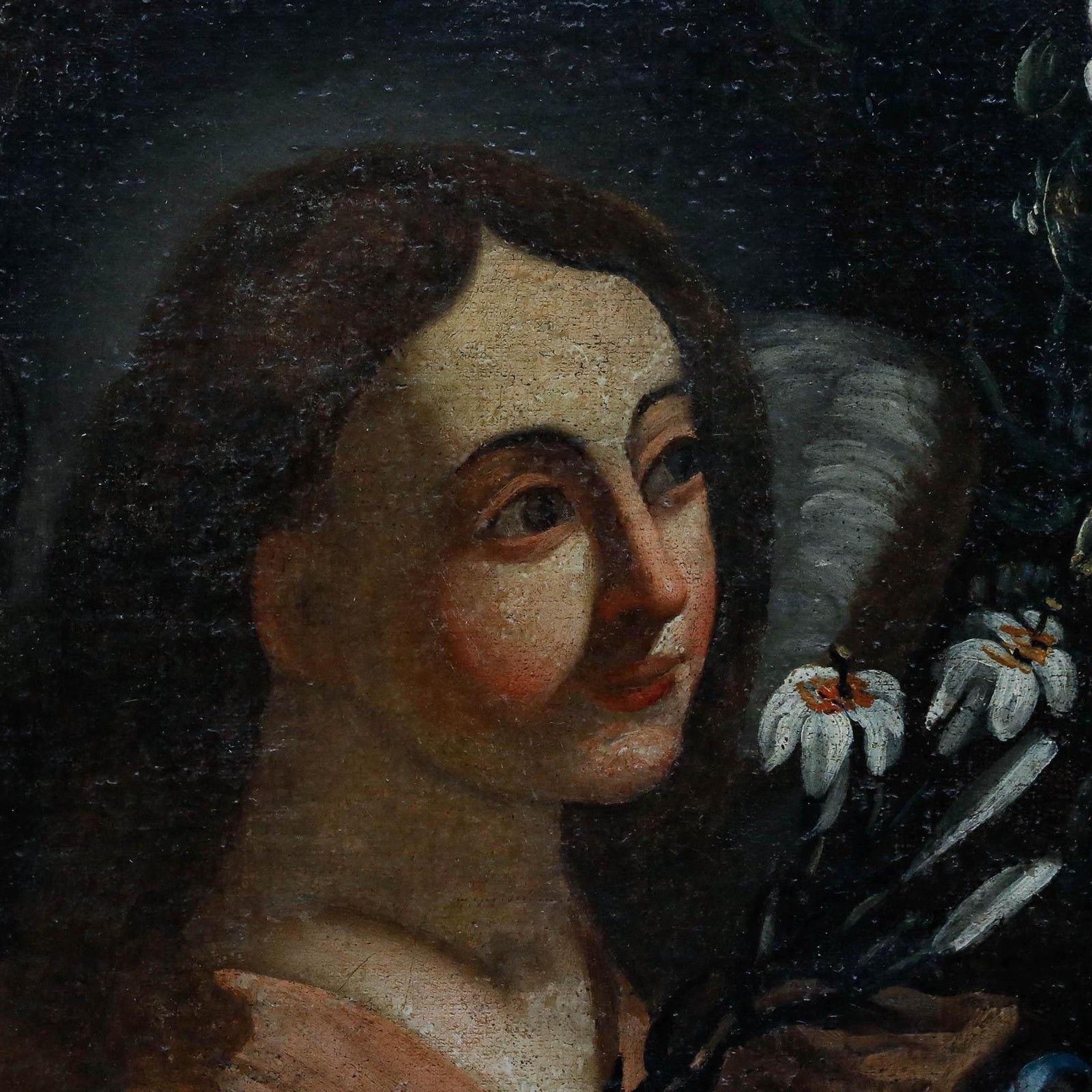 17th Century Oil Mary Surrounded By Flowers photo vintage