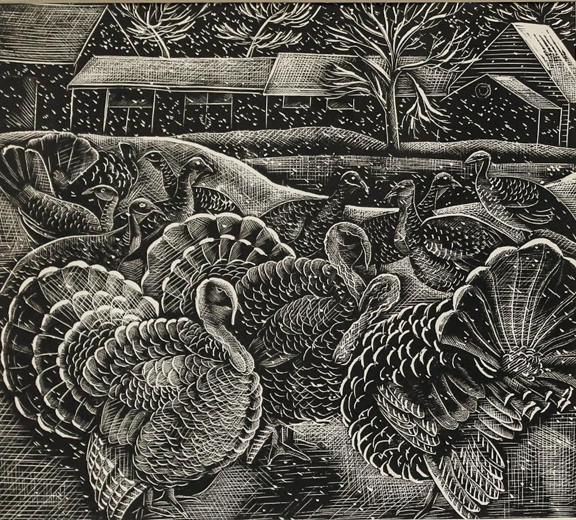 Mary Groom (1903 1958) Framed Mid 20th Century Lithograph, Turkeys In The Snow photo furniture