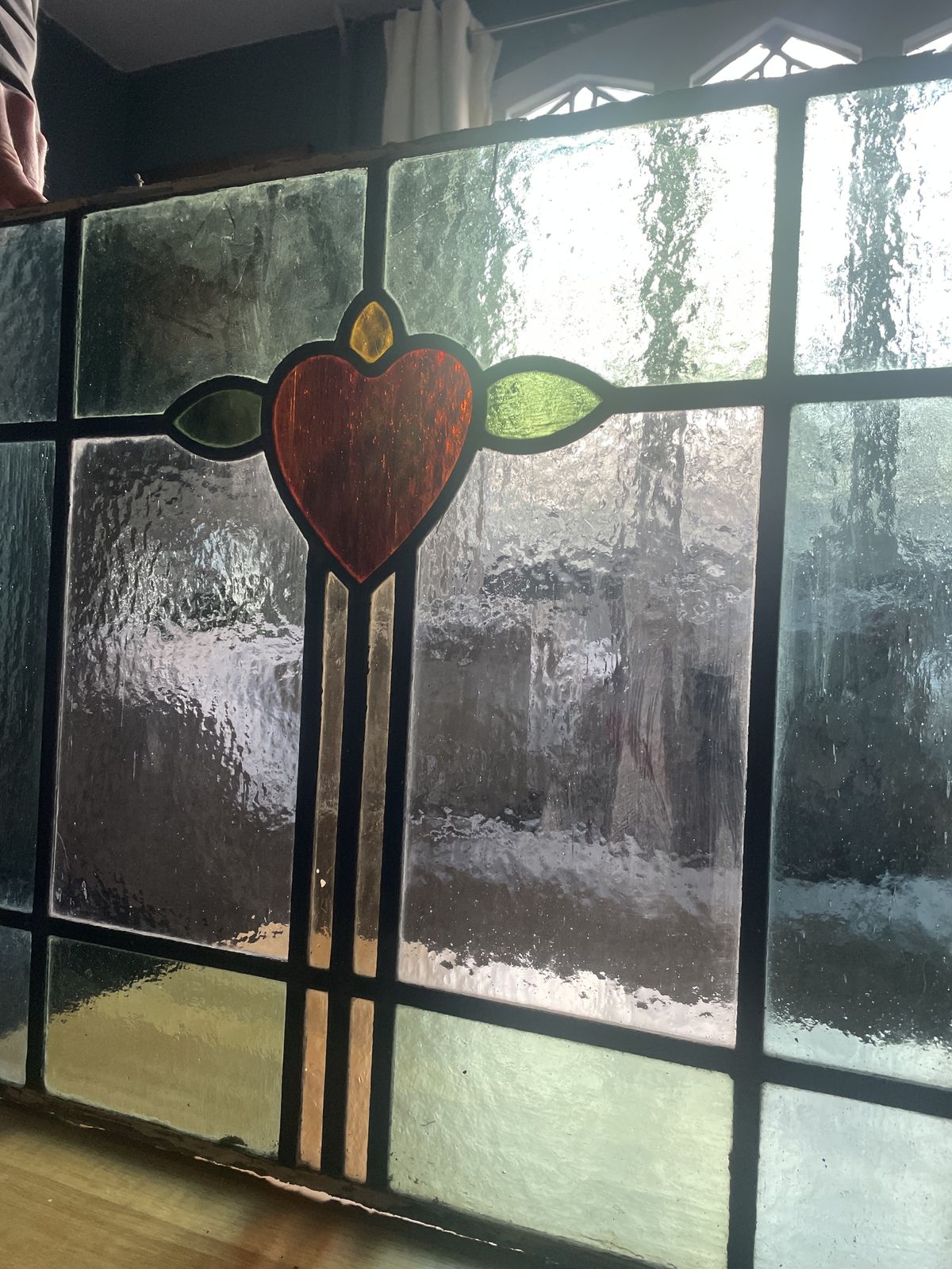 Antique Stained Glass Window Panel Emerald Green And Aqua Glass With Ruby Red Heart Motif. photo 280.0