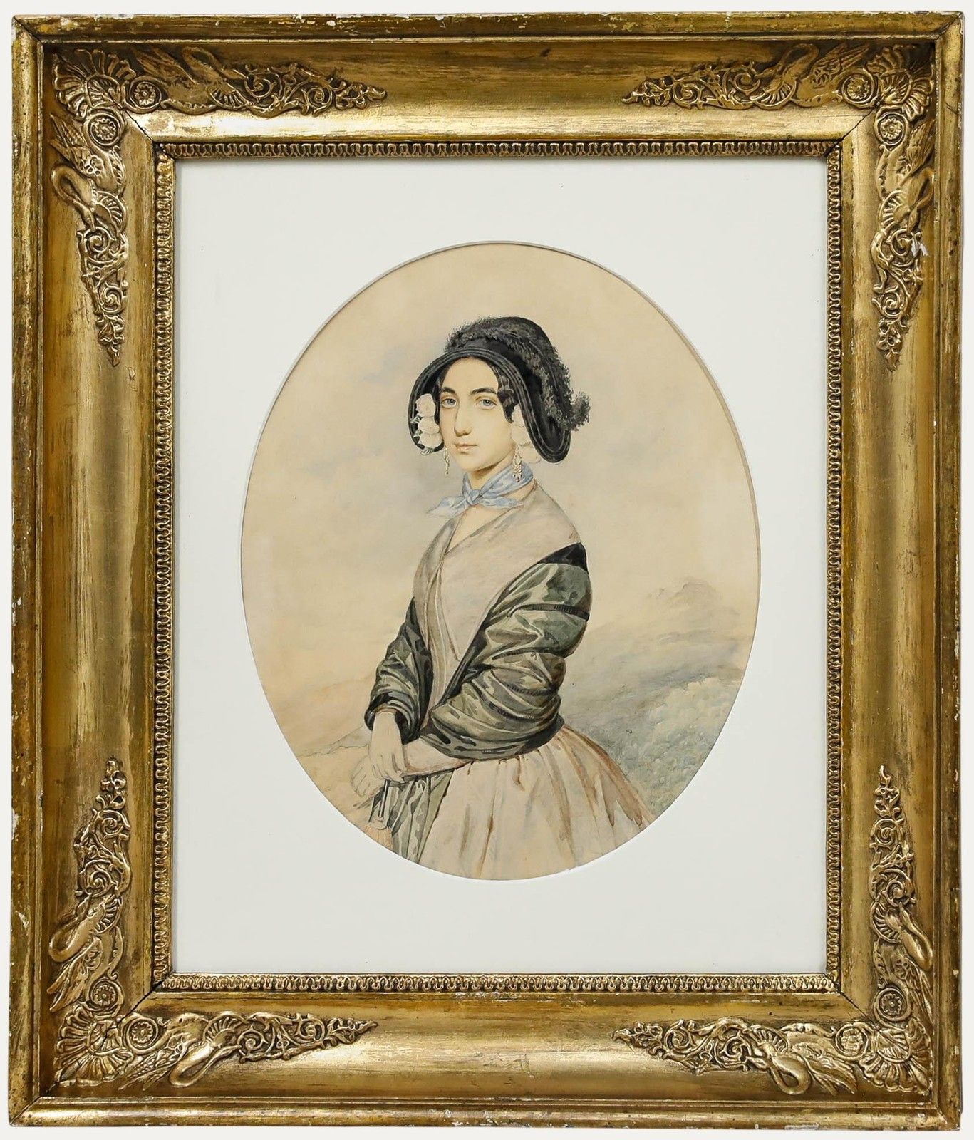 Attrib. Heinrich Ditlev Mitreuter (B.1818) Watercolour, Portrait Of A Lady