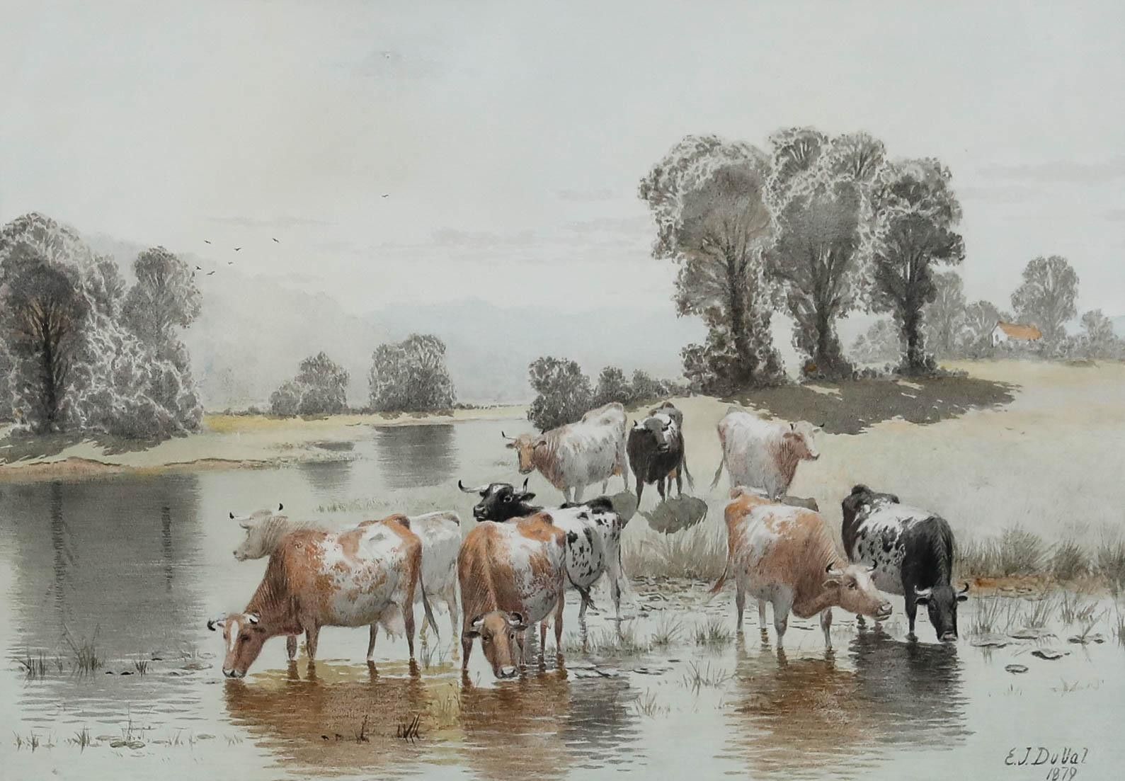 Edward J. Duval (Fl.1876 1916) Framed  Watercolour, Cattle Watering photo furniture