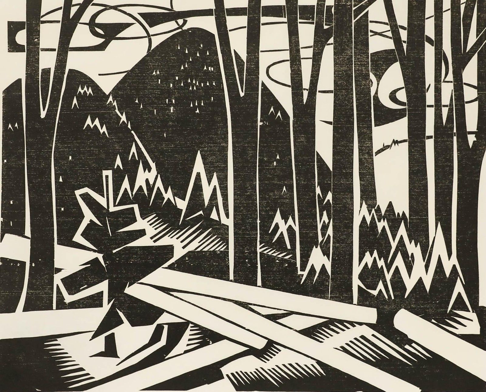 Ali Kurt Baumgarten (1914 2009) 1980 Woodcut, Woodland Landscape photo furniture