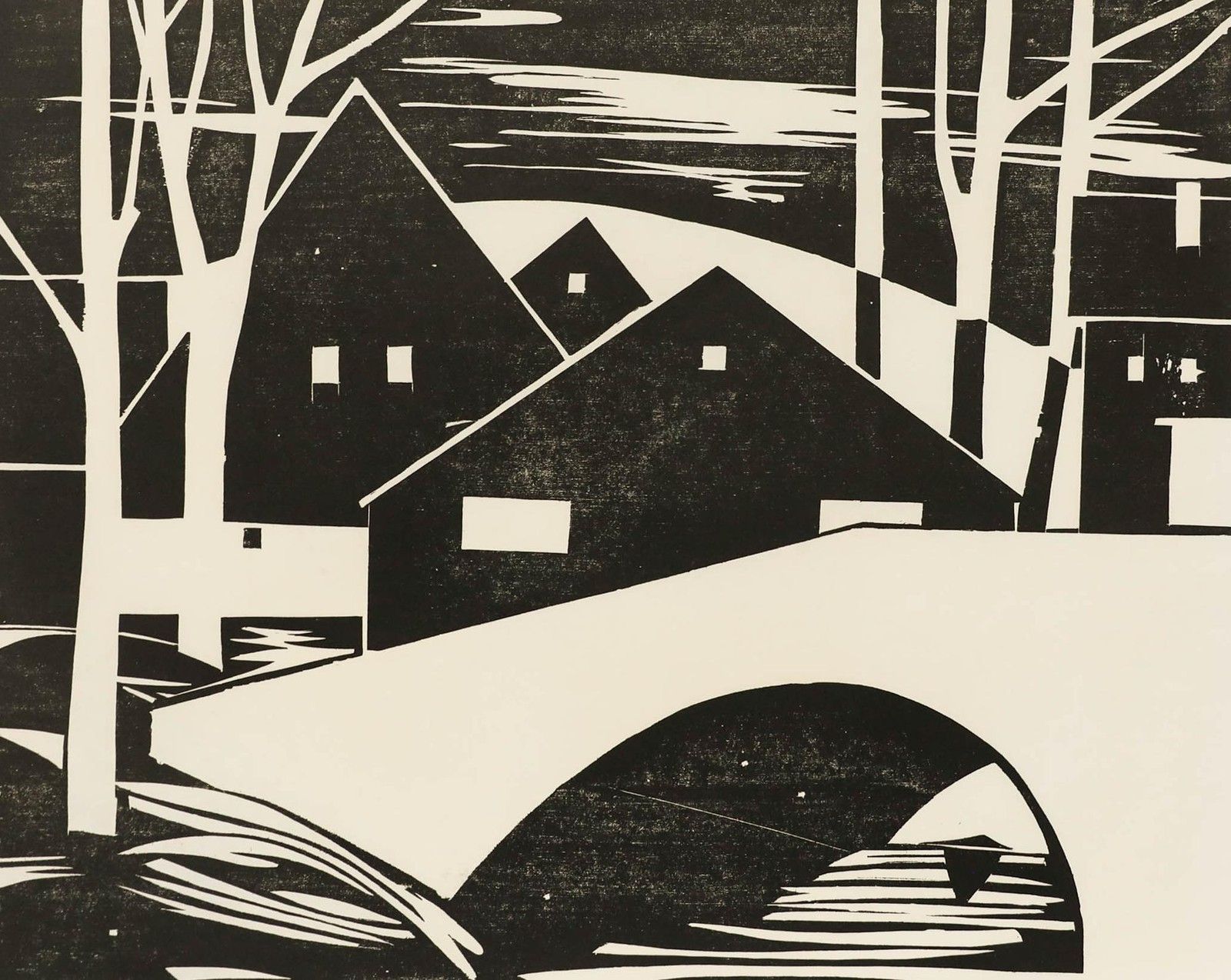 Ali Kurt Baumgarten (1914 2009) 1981 Woodcut, Village From The Bridge photo furniture