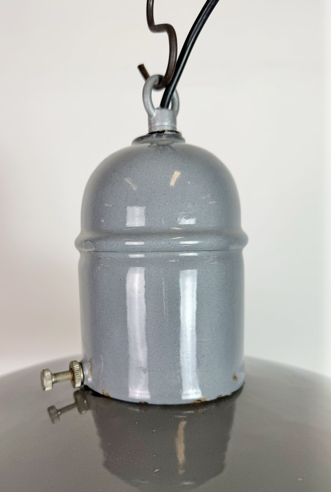 photo for sale Industrial Grey Enamel Factory Pendant Lamp, 1960s