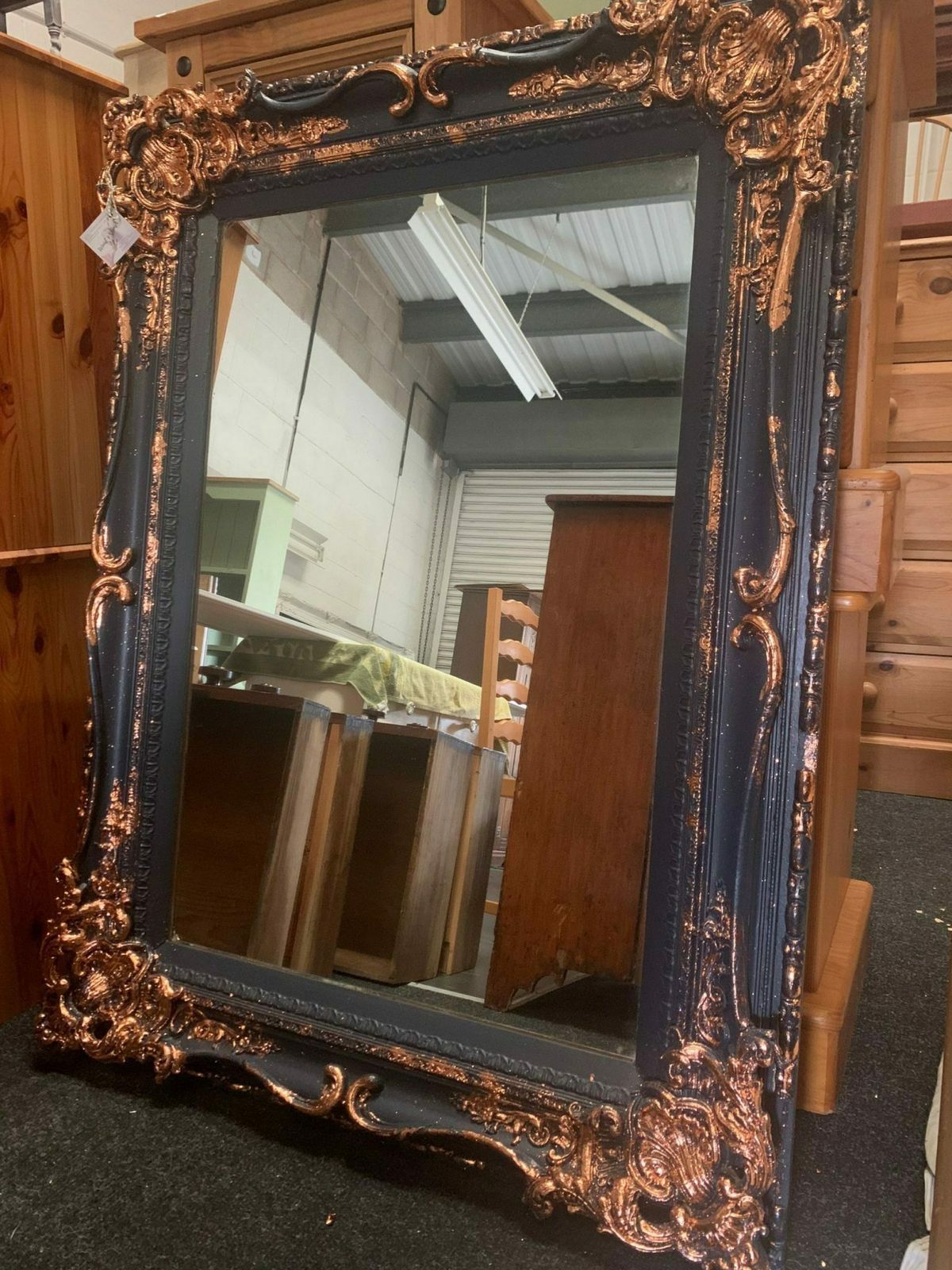 Large Mirror French Baroque Antique Ornate Navy And Copper Leaf photo for sale