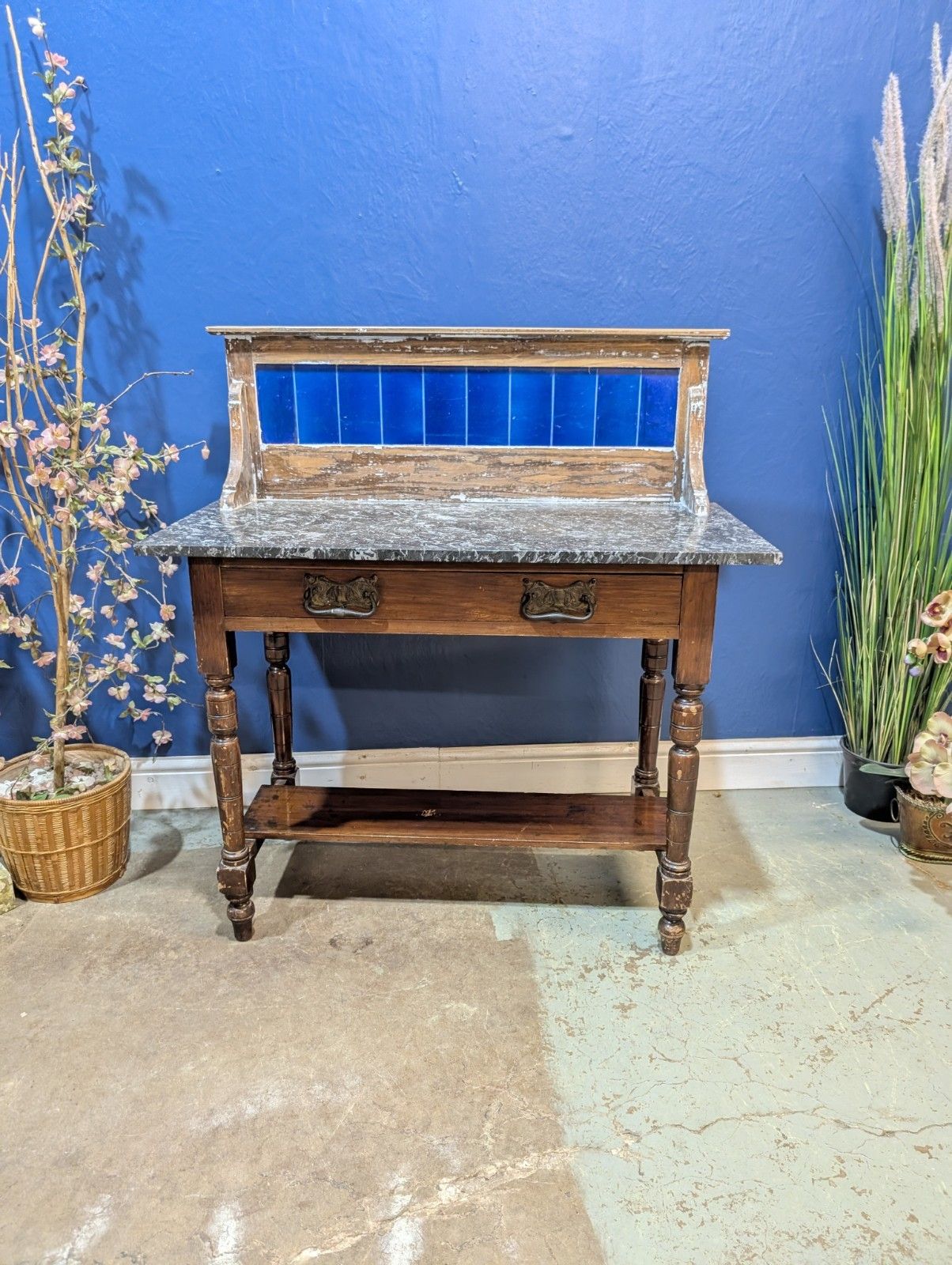 Victorian Oak Marble Top Washstand With Blue Tiled Back Cupboard Pot Cabinet