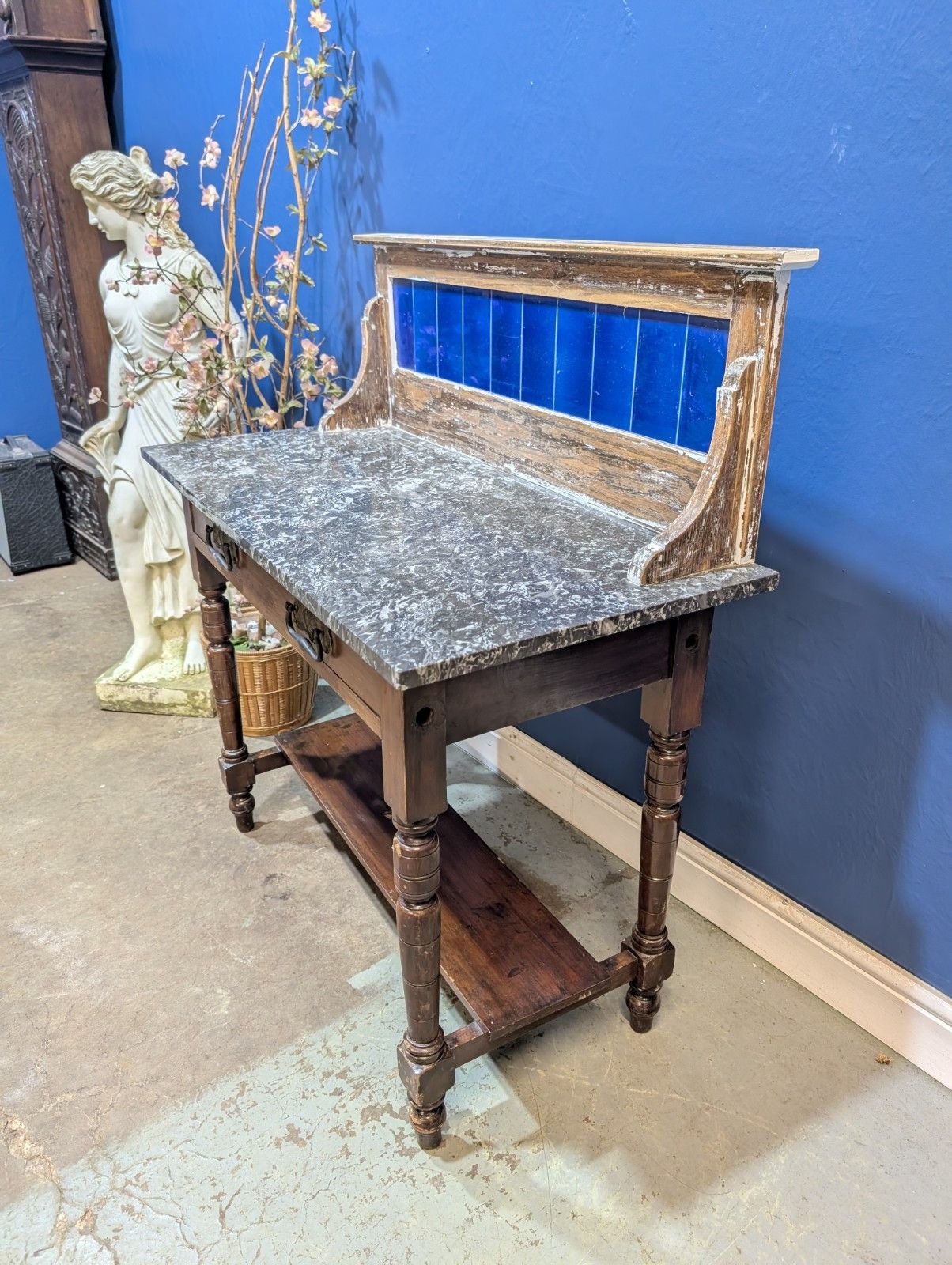 Victorian Oak Marble Top Washstand With Blue Tiled Back Cupboard Pot Cabinet photo for sale