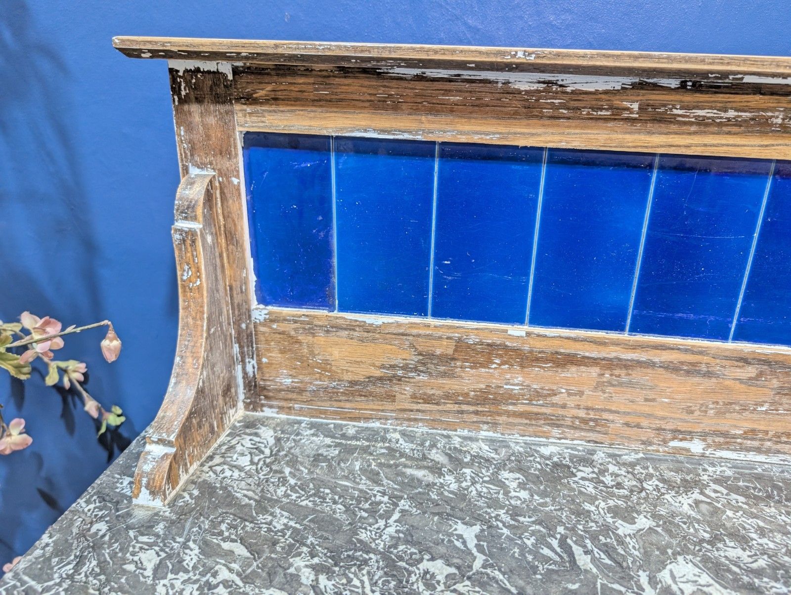 Victorian Oak Marble Top Washstand With Blue Tiled Back Cupboard Pot Cabinet photo vinterior