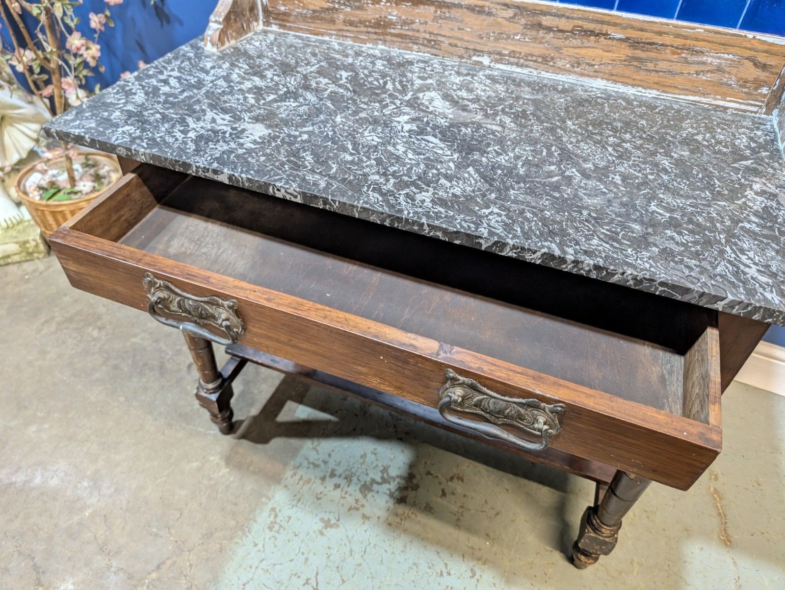 photo vintage Victorian Oak Marble Top Washstand With Blue Tiled Back Cupboard Pot Cabinet