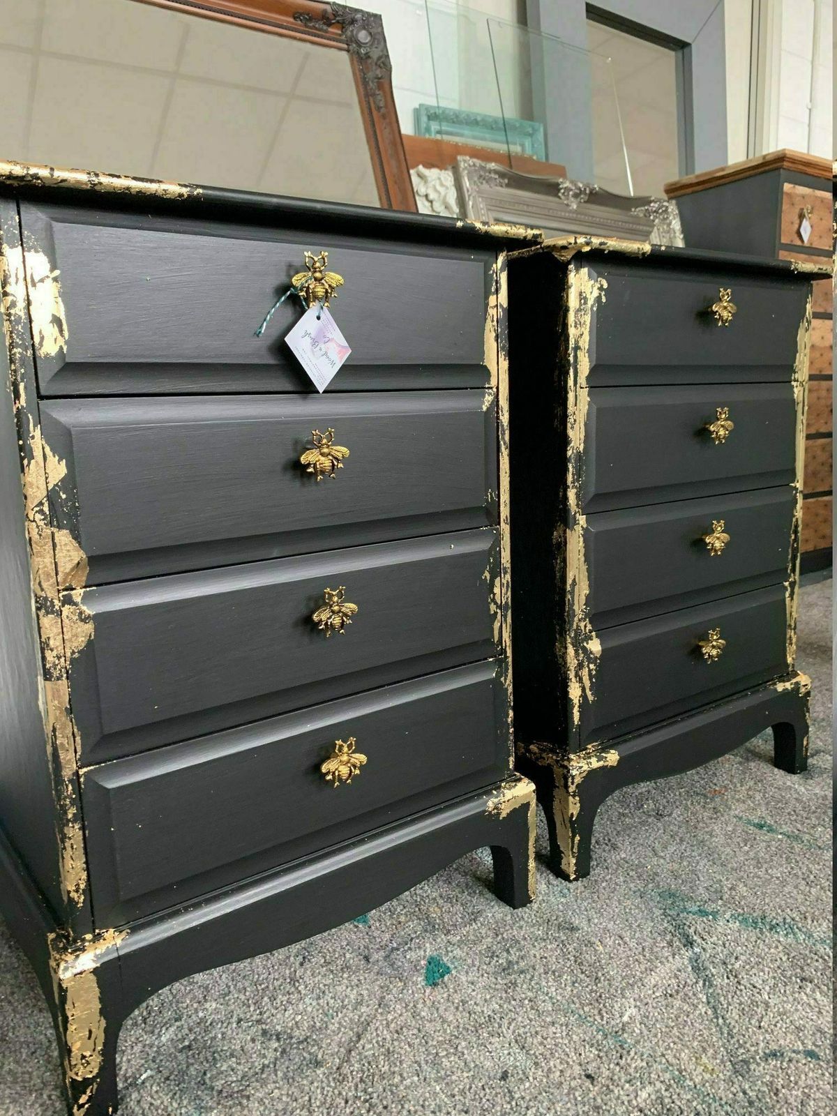 Stag Minstrel Pair Bedside Tables Painted Bespoke Moroccan Geometric Gold Leaf Bee Elephant Handles Stencilled photo furniture