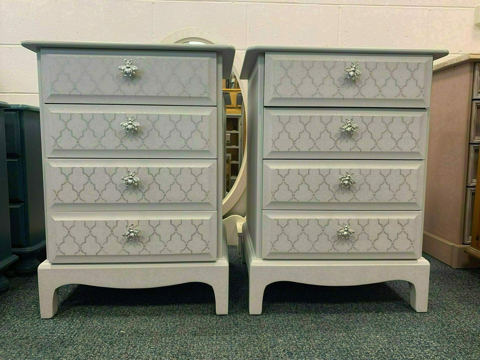 A Pair Of Stunning Stag Minstrel Bedside Tables Grey With Silver Bee Handles