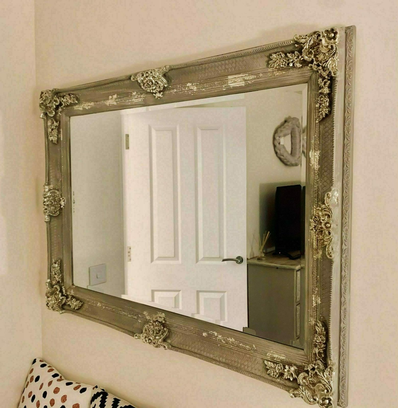 Large Mirror French Baroque Antique Ornate Painted Taupe And Silver Leaf