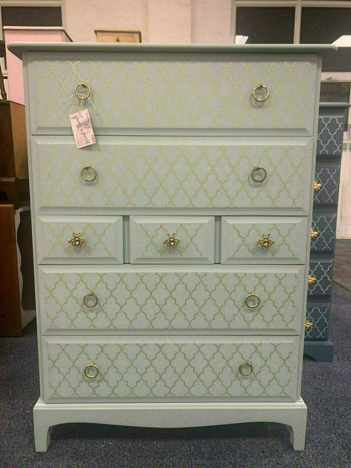 Stag Minstrel Chest Of Drawers Tall Boy Mid Century Painted Bespoke Stencilled photo furniture