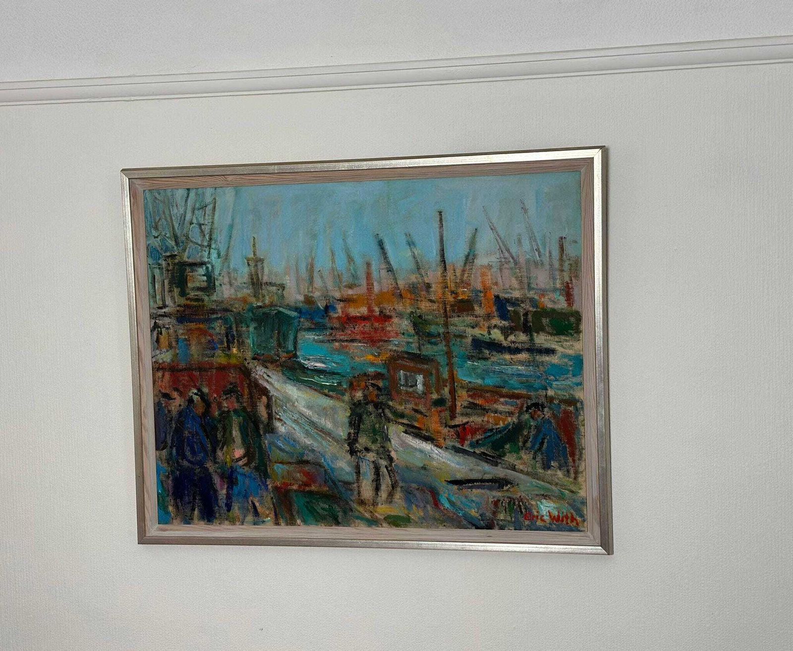 Original Mid Century Swedish Oil On Canvas – “Port Of Gothenburg” By Eric With – Vintage & Framed – 74.5 × 92.5 Cm (29.3" × 36.4") photo for sale