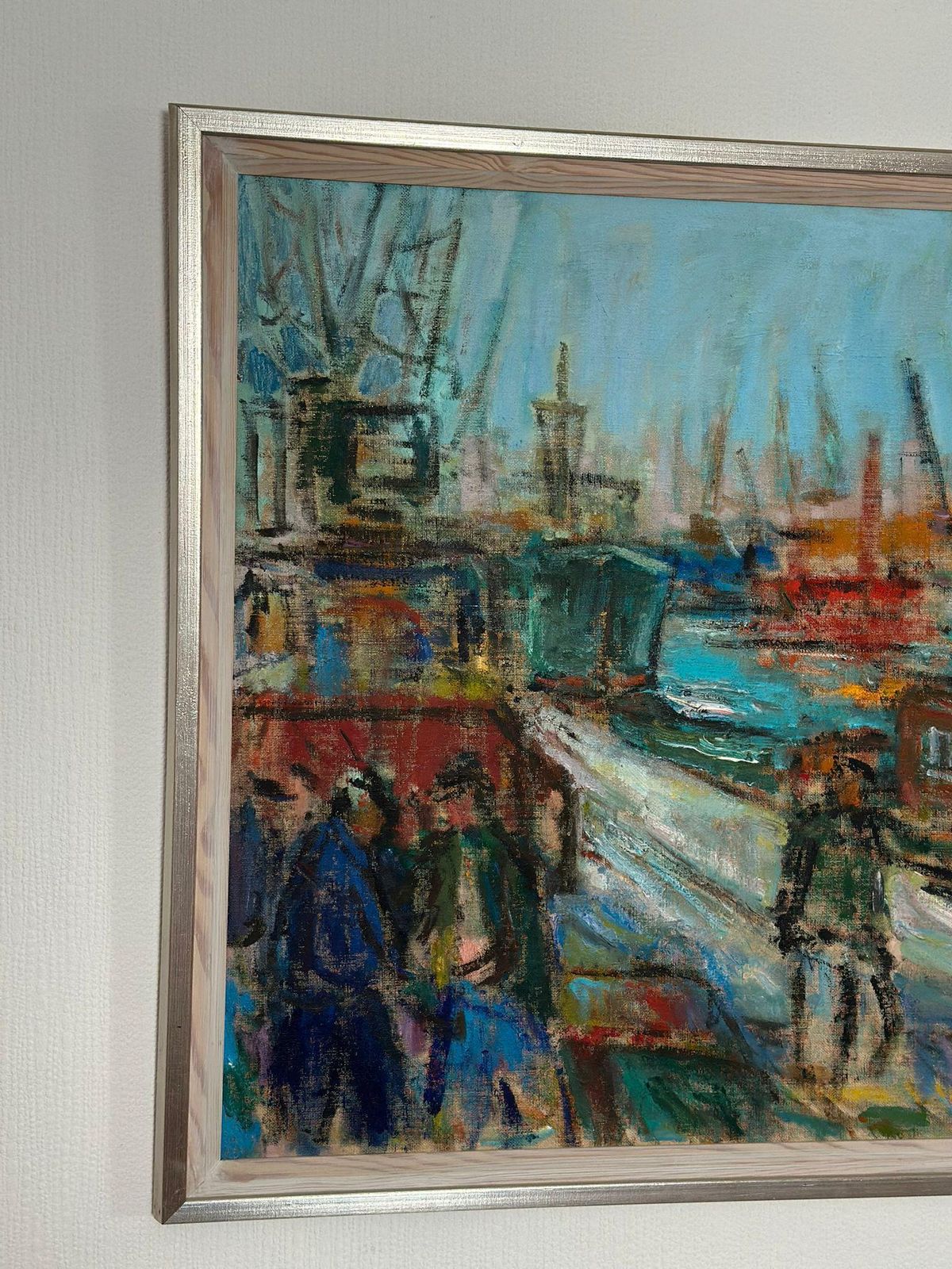photo vintage Original Mid Century Swedish Oil On Canvas – “Port Of Gothenburg” By Eric With – Vintage & Framed – 74.5 × 92.5 Cm (29.3" × 36.4")