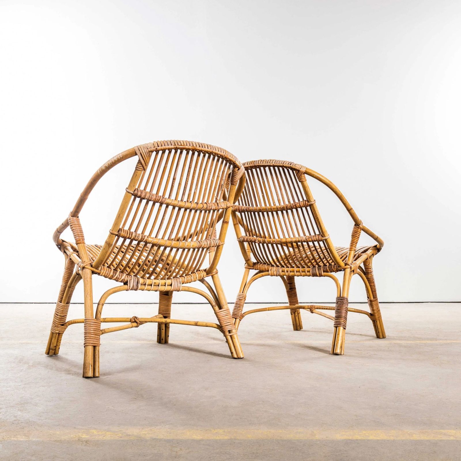 1960’s French Low Seat Rattan Armchairs – Pair photo for sale