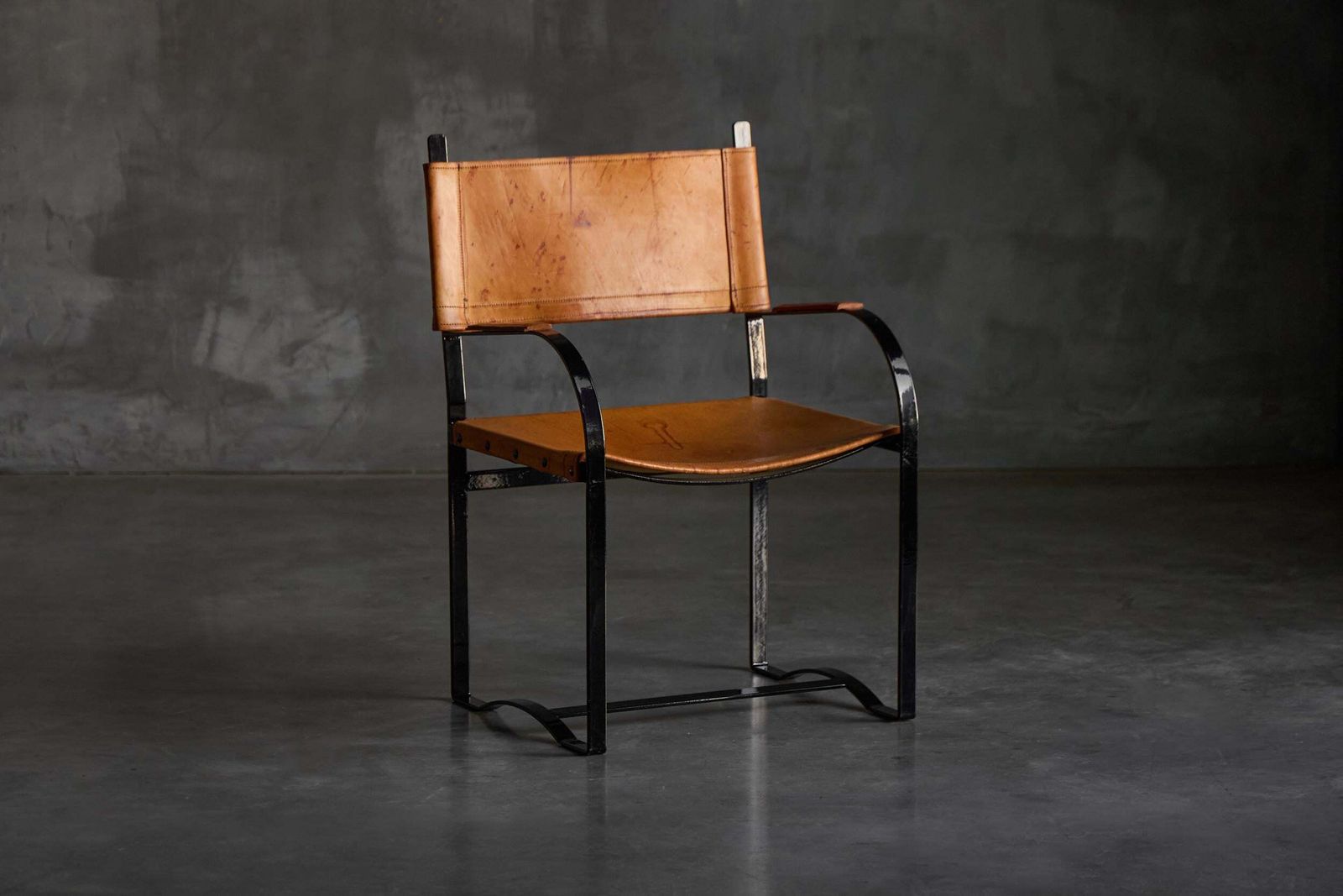 Cognac Leather Armchair, Black Lacquer Steel Frame, Belgium, 1960s photo furniture