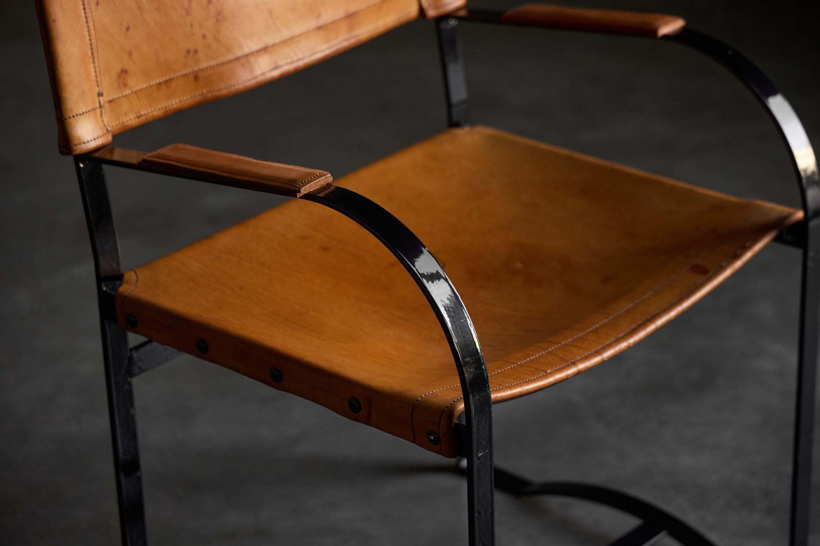 Cognac Leather Armchair, Black Lacquer Steel Frame, Belgium, 1960s photo for sale