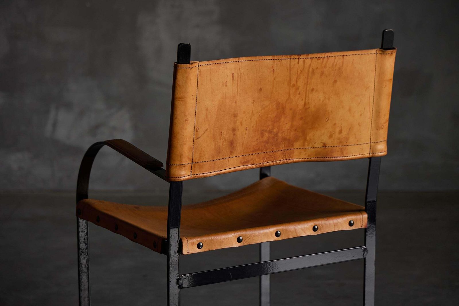 Cognac Leather Armchair, Black Lacquer Steel Frame, Belgium, 1960s photo vintage