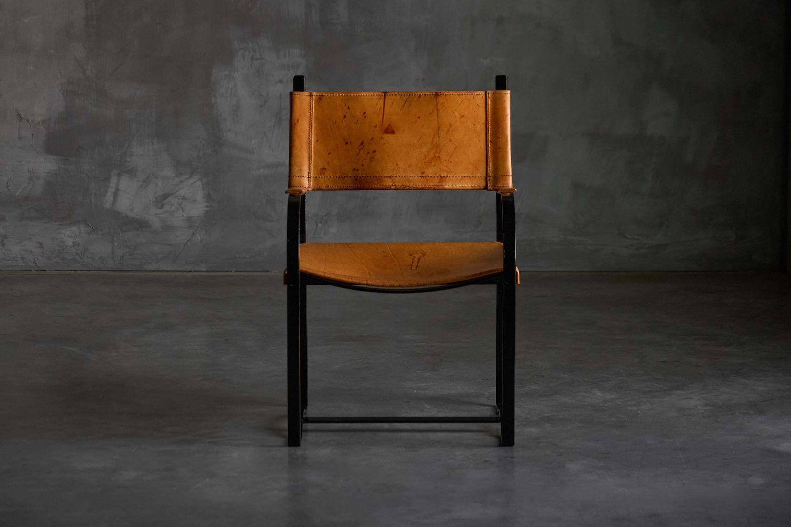photo furniture Cognac Leather Armchair, Black Lacquer Steel Frame, Belgium, 1960s