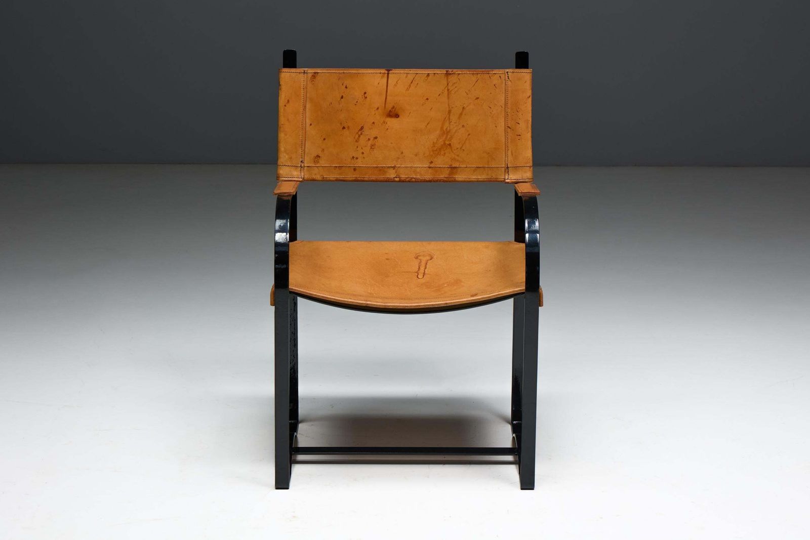 Furniture Cognac Leather Armchair, Black Lacquer Steel Frame, Belgium, 1960s photo