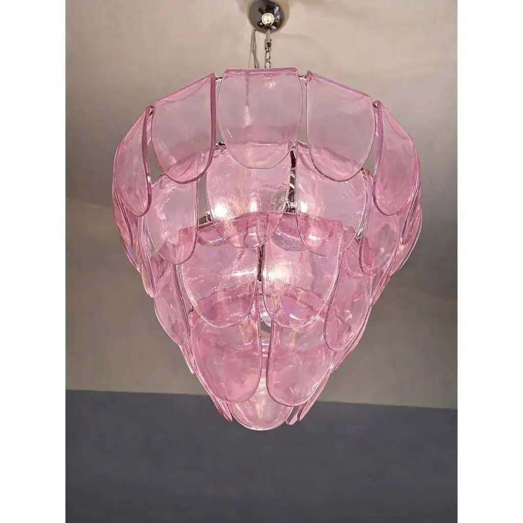 Mid Century Modern Italian “Petals” Chandelier In Pink Murano Glass photo Lighting