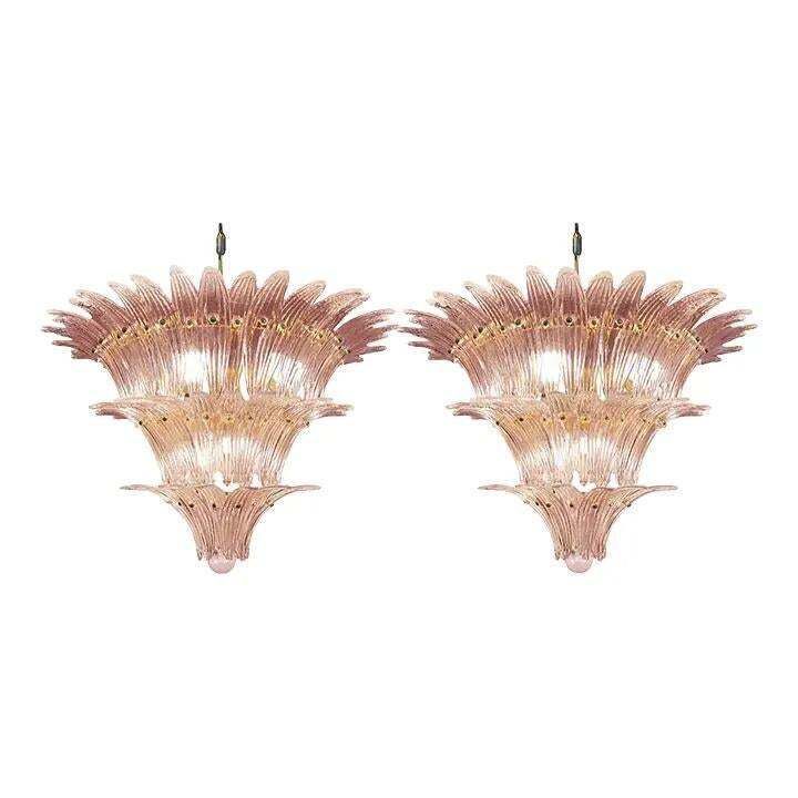Mid Century Modern Pink “Palmette” Murano Glass Chandeliers   A Pair photo Lighting