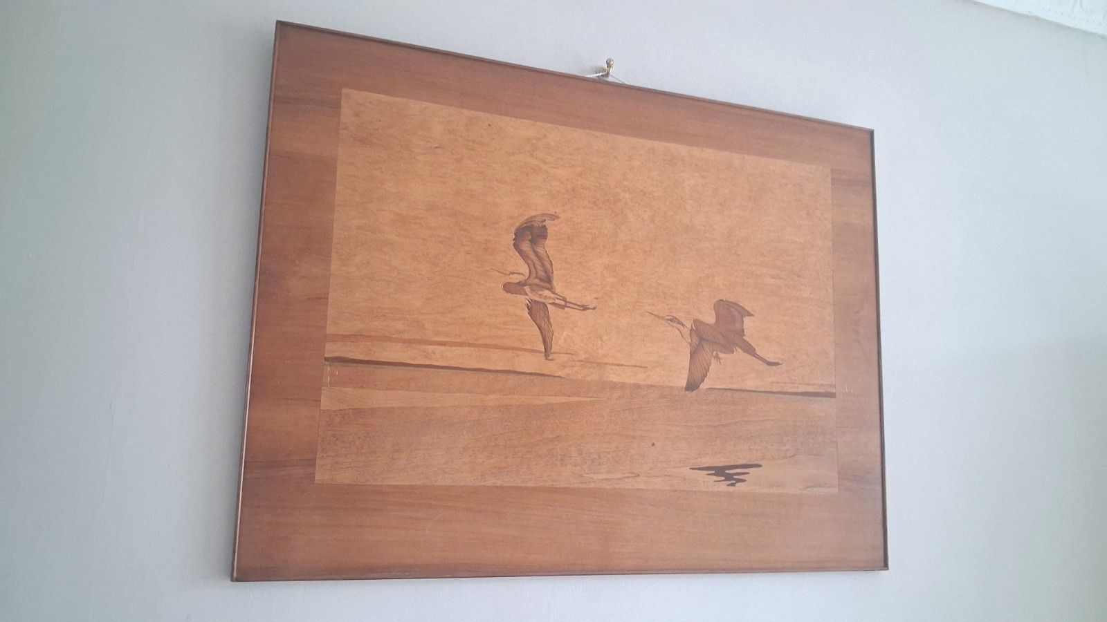 Superb 1960's Mid Century Marquetry "Herons In Flight "  Wall Hanging , Artwork photo furniture