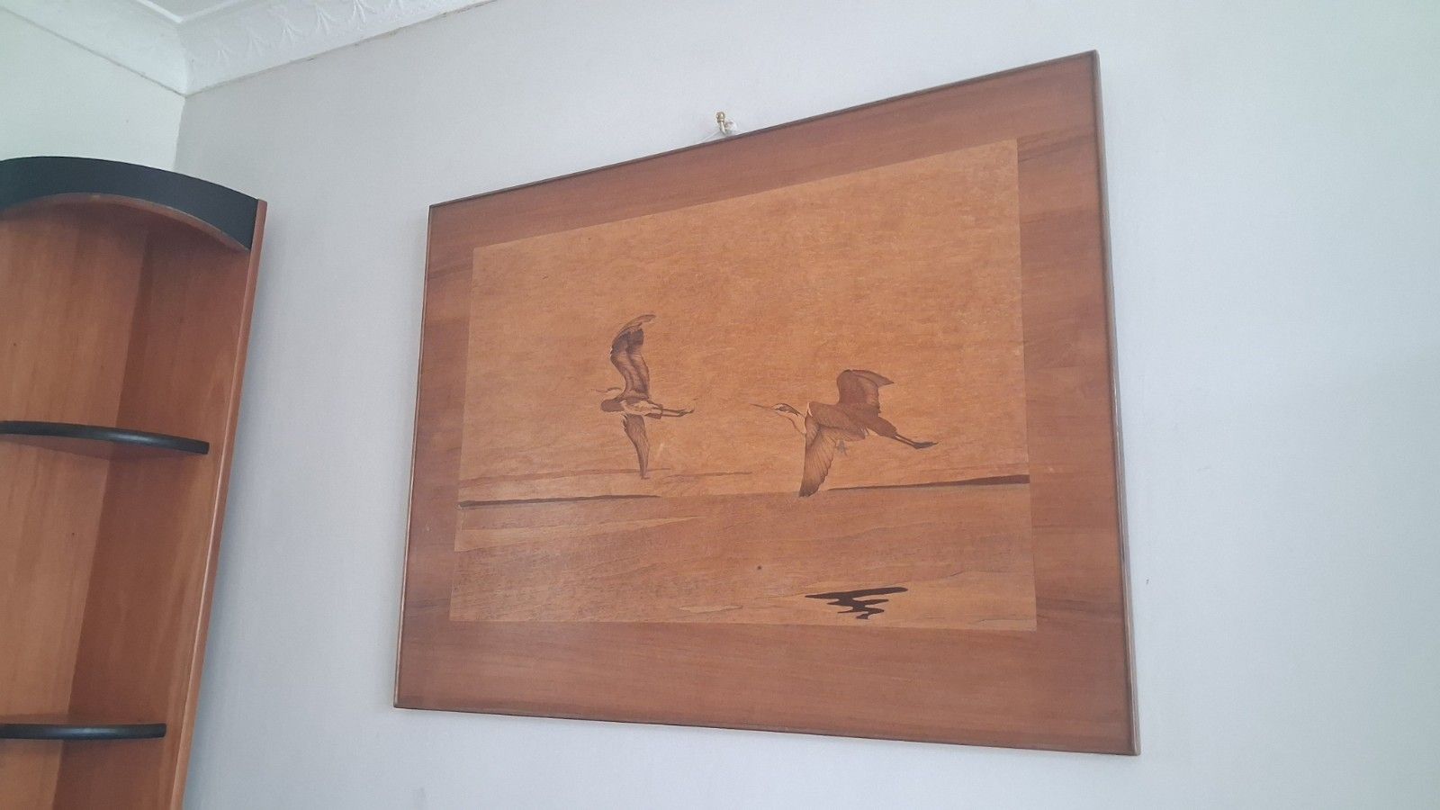 photo for sale Superb 1960's Mid Century Marquetry "Herons In Flight "  Wall Hanging , Artwork
