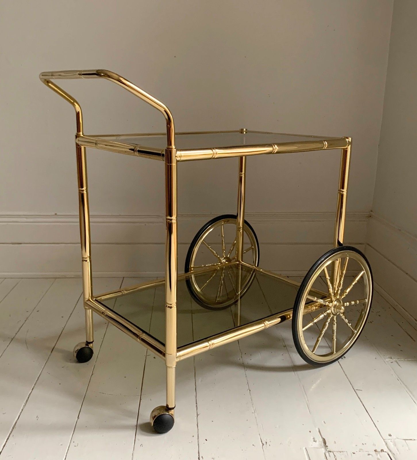 Vintage 1970s Faux Bamboo Two Tier Brass & Glass Cocktail Drinks Trolley Bar photo Furniture