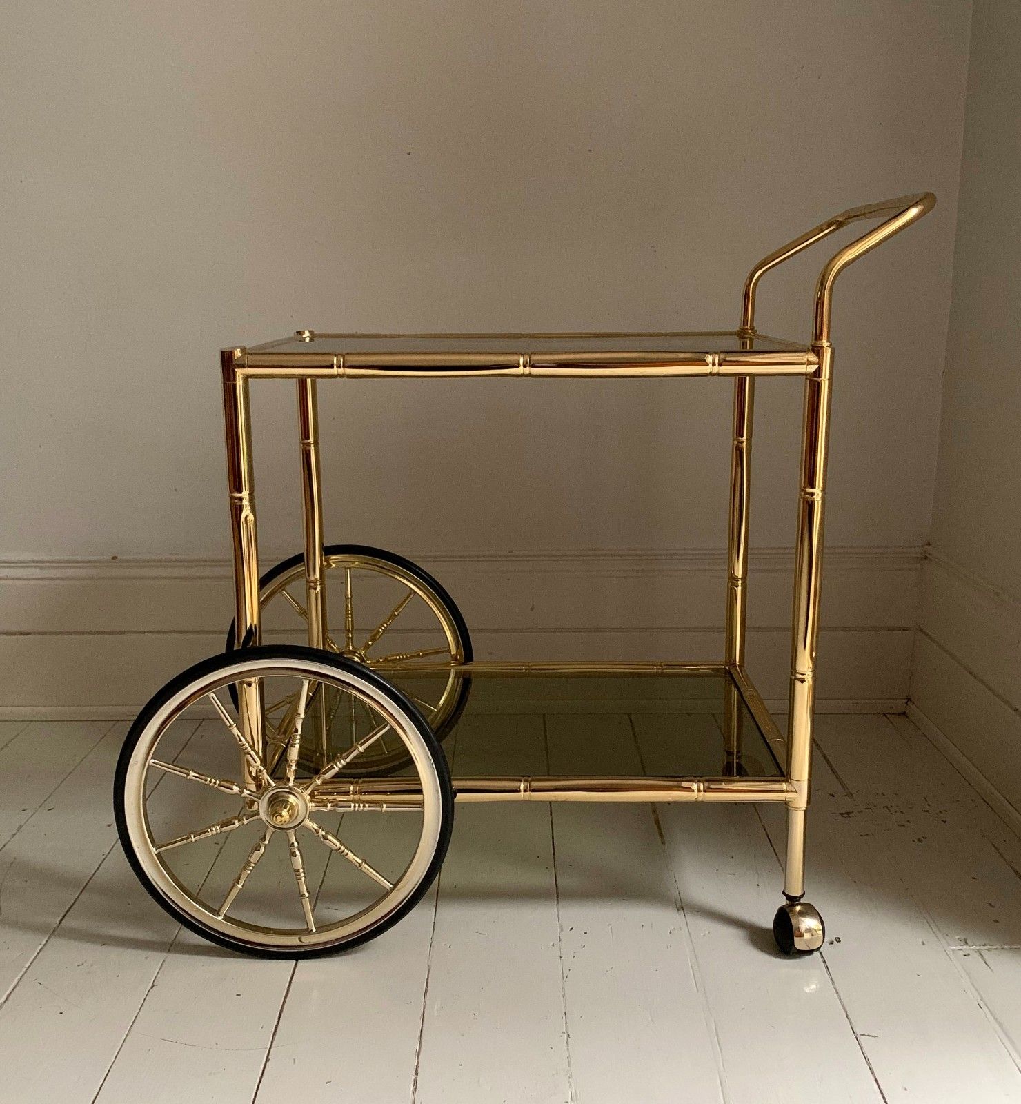 Vintage 1970s Faux Bamboo Two Tier Brass & Glass Cocktail Drinks Trolley Bar photo buy