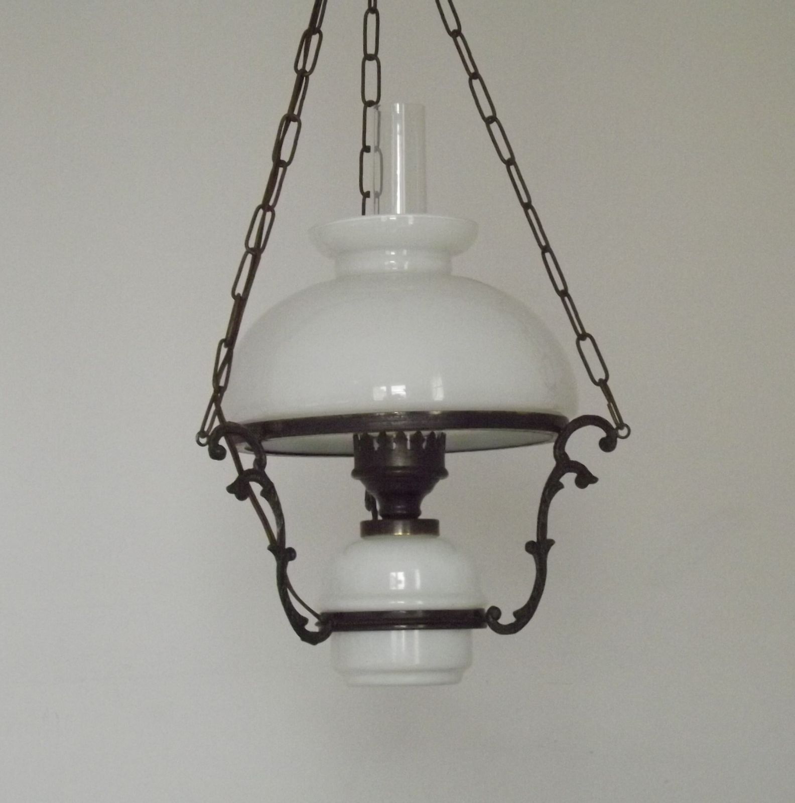 French Vintage Bronze Effect Metal And Glass Hanging Lantern Ceiling Light With White Shade And Glass Funnel photo Lighting