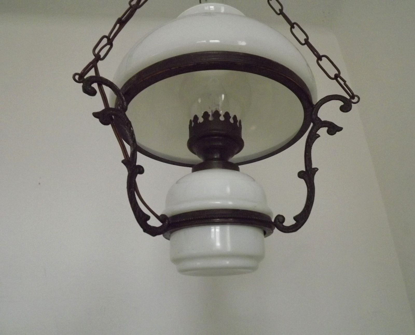 French Vintage Bronze Effect Metal And Glass Hanging Lantern Ceiling Light With White Shade And Glass Funnel photo vinterior