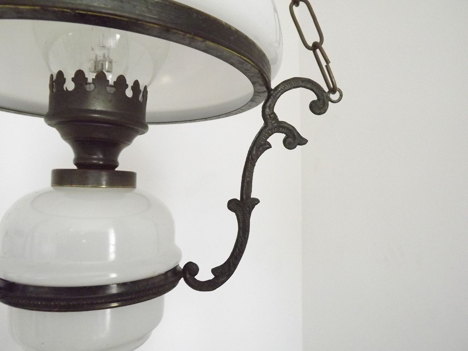 French Vintage Bronze Effect Metal And Glass Hanging Lantern Ceiling Light With White Shade And Glass Funnel photo buy