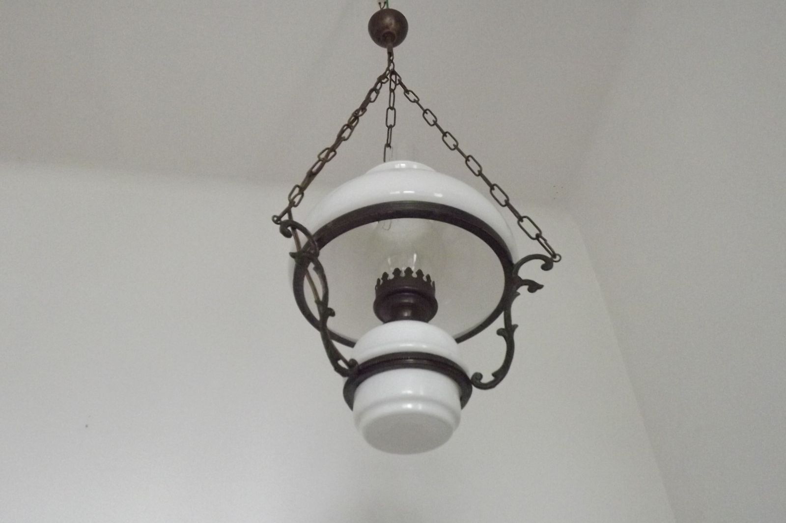 photo for sale French Vintage Bronze Effect Metal And Glass Hanging Lantern Ceiling Light With White Shade And Glass Funnel