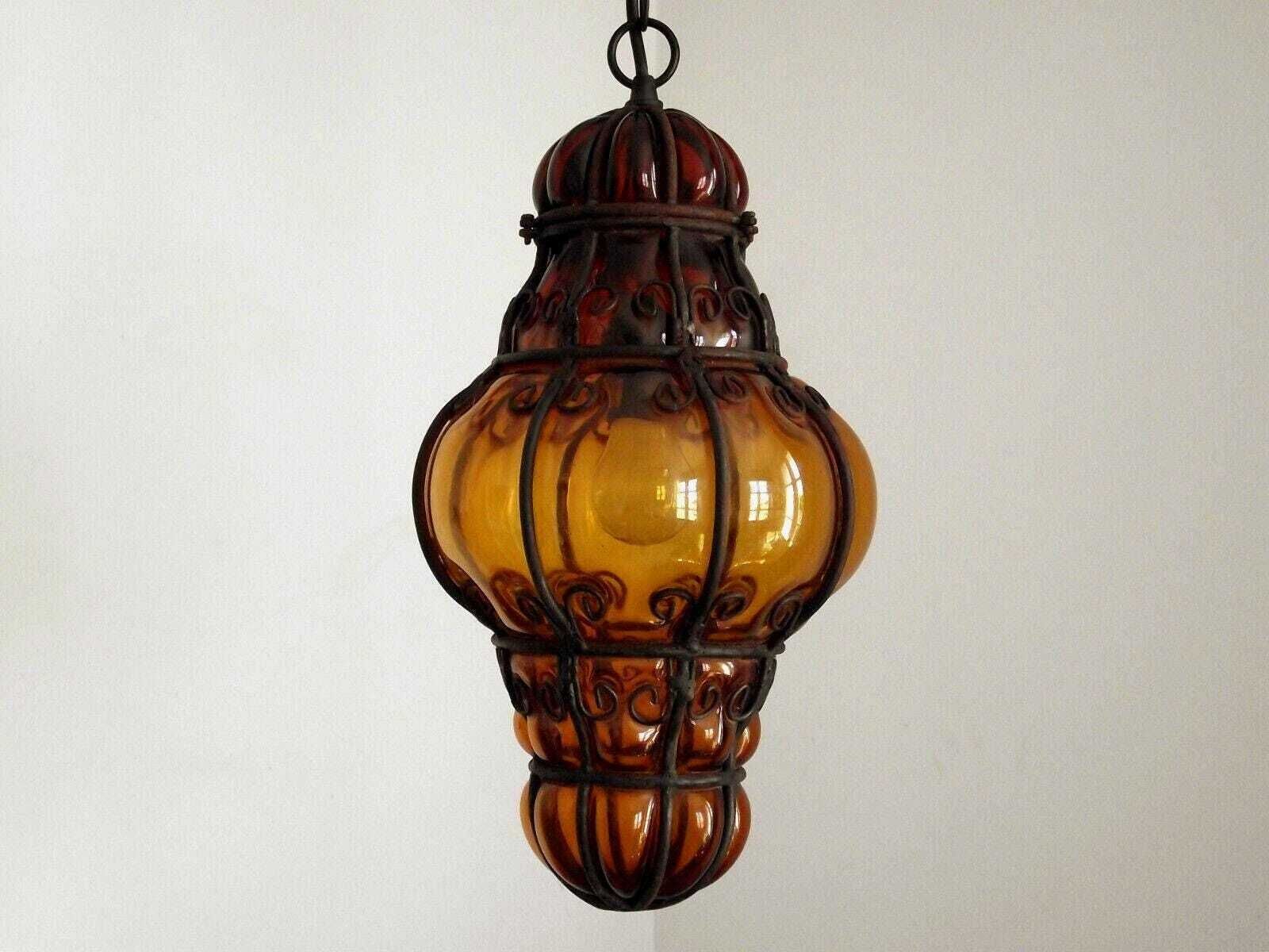 Stunning Venetian Murano Amber Glass Ceiling Fixture – Antique Blown Cage Light. Venetian Handblown Masterpiece. Amber Venetian Cage Design. photo for sale
