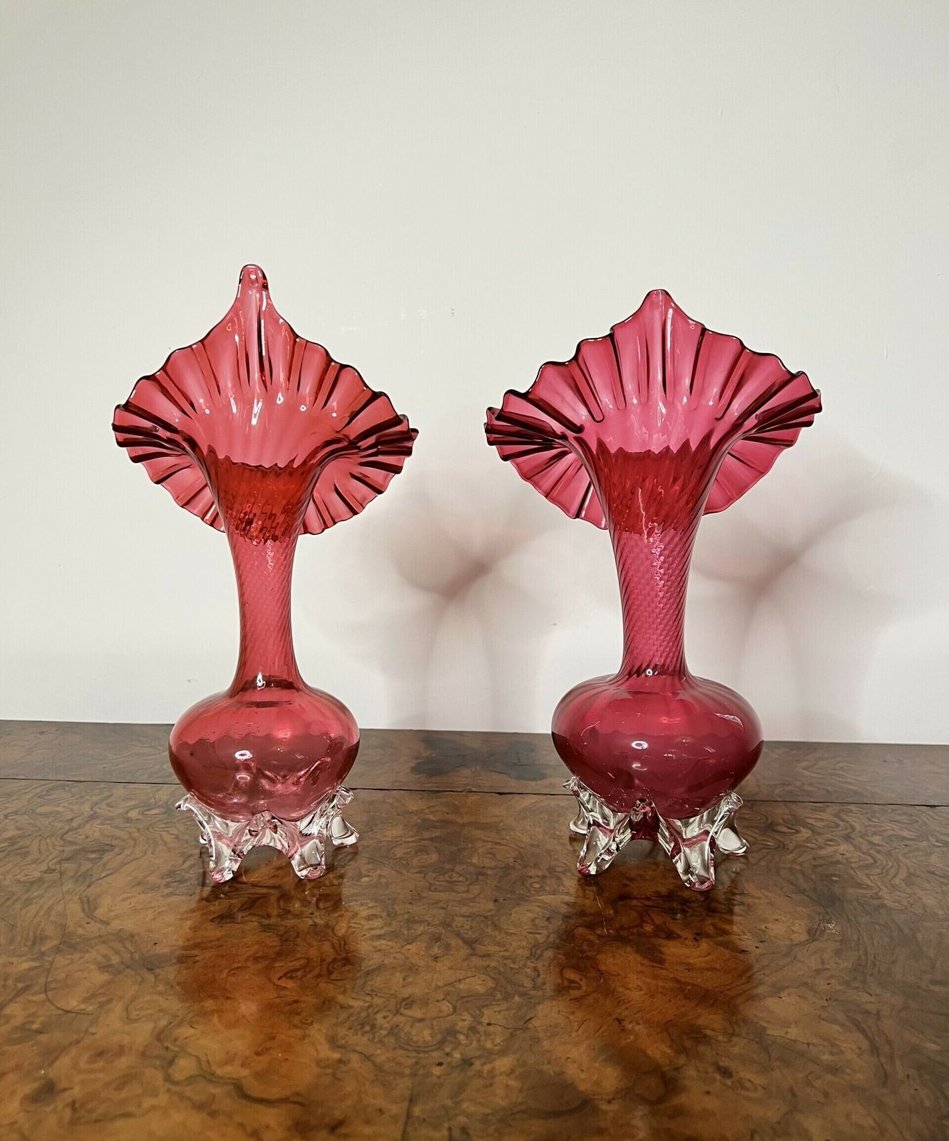 Quality Pair Of Antique Cranberry Glass Jack In The Pulpit Vases photo Home Decor