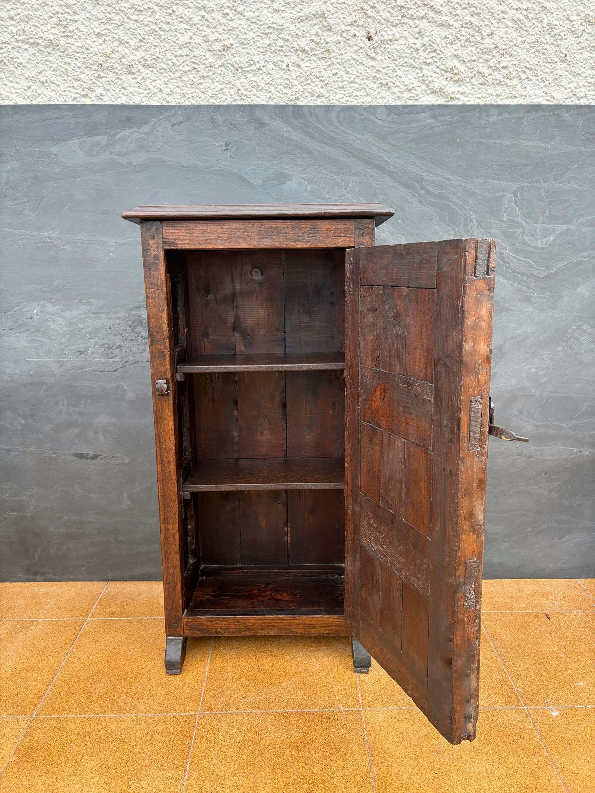 Spanish Rustic Solid Oak Cabinet With Paneled Door And Iron Hardware, 1880s photo for sale
