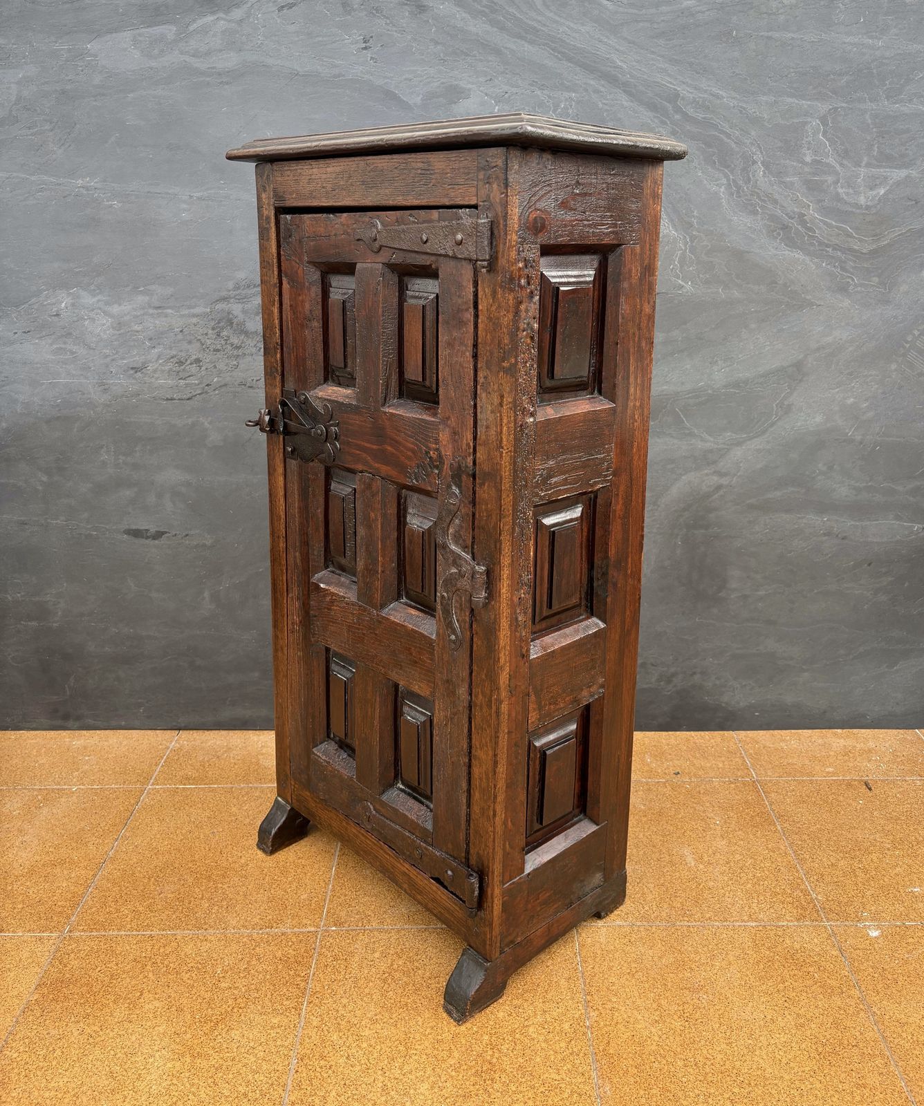 Spanish Rustic Solid Oak Cabinet With Paneled Door And Iron Hardware, 1880s photo 2475.0