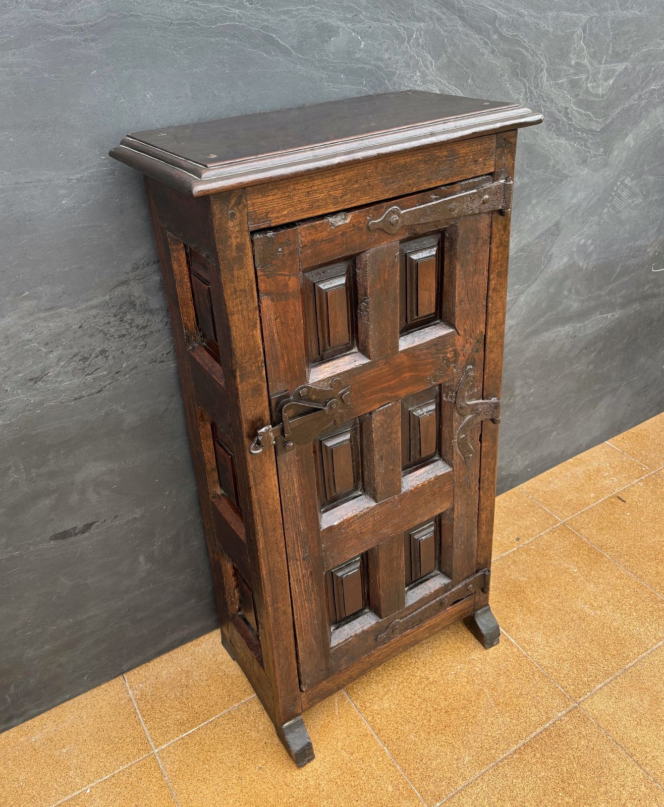photo for sale Spanish Rustic Solid Oak Cabinet With Paneled Door And Iron Hardware, 1880s