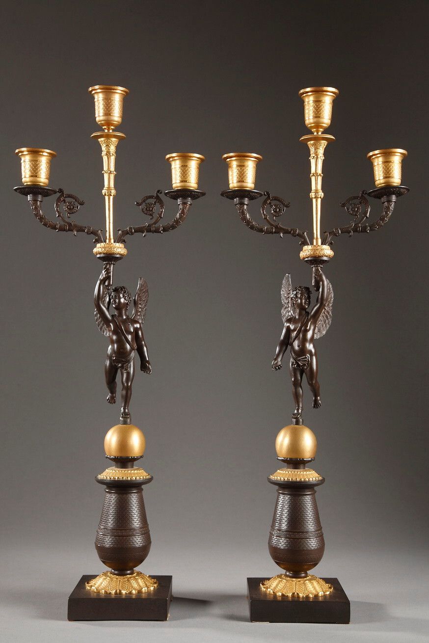 Pair Of Putti Candelabra In Gilt And Patinated Bronze photo furniture