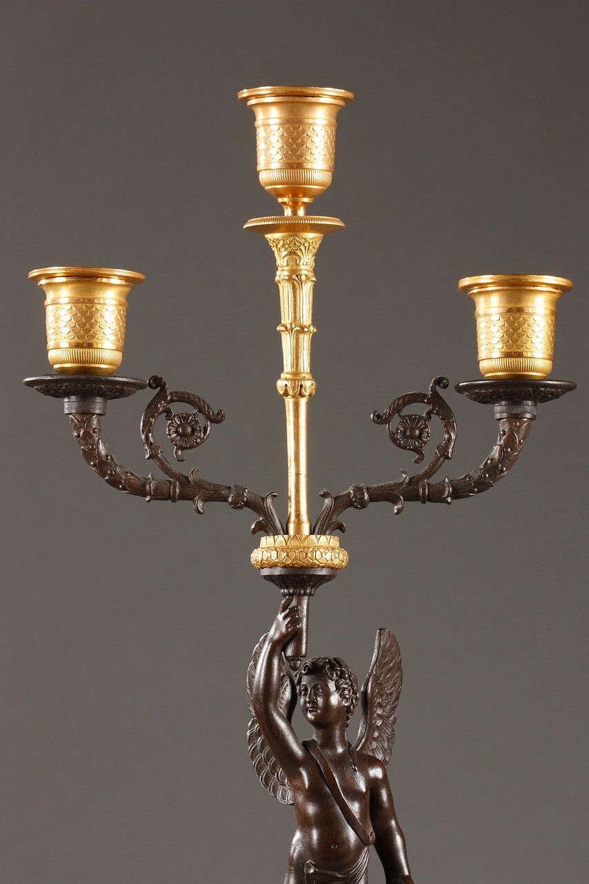 Pair Of Putti Candelabra In Gilt And Patinated Bronze photo vintage