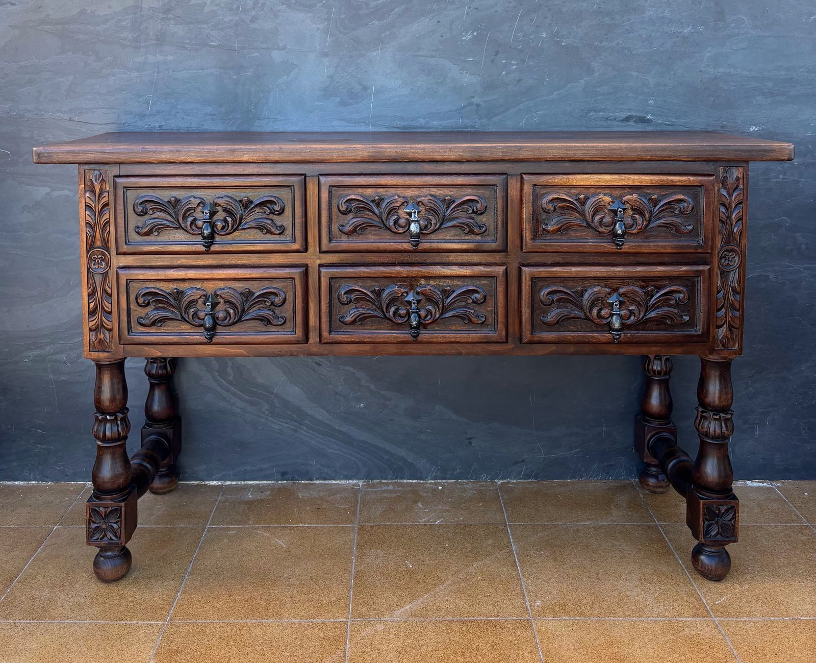 Spanish Renaissance Revival Oak Six Drawer Console With Carved Panels, 1930s photo furniture