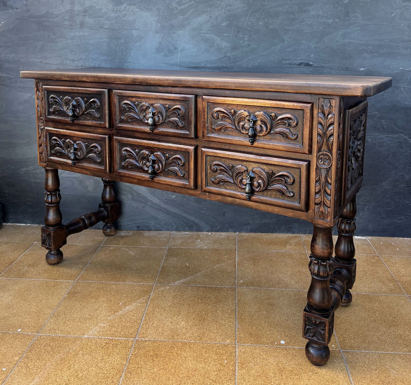 Spanish Renaissance Revival Oak Six Drawer Console With Carved Panels, 1930s photo 4960.0
