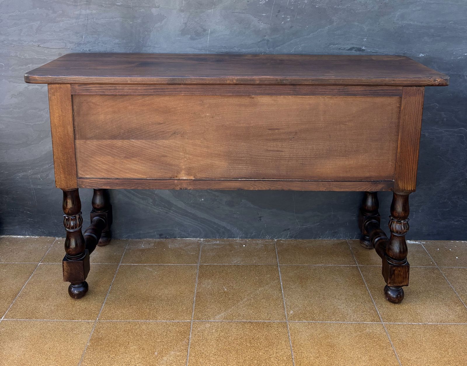 photo furniture Spanish Renaissance Revival Oak Six Drawer Console With Carved Panels, 1930s