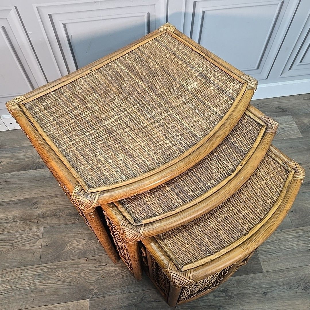 Vintage Nest Of Tables Retro Rattan Boho Mid Century Style Cane Side Nested photo for sale