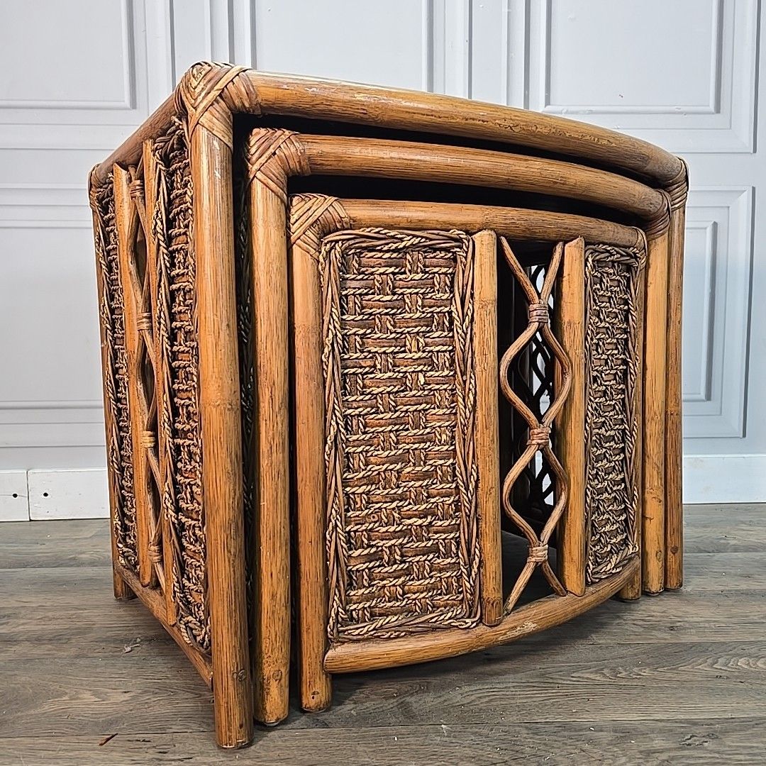 Vintage Nest Of Tables Retro Rattan Boho Mid Century Style Cane Side Nested photo Furniture