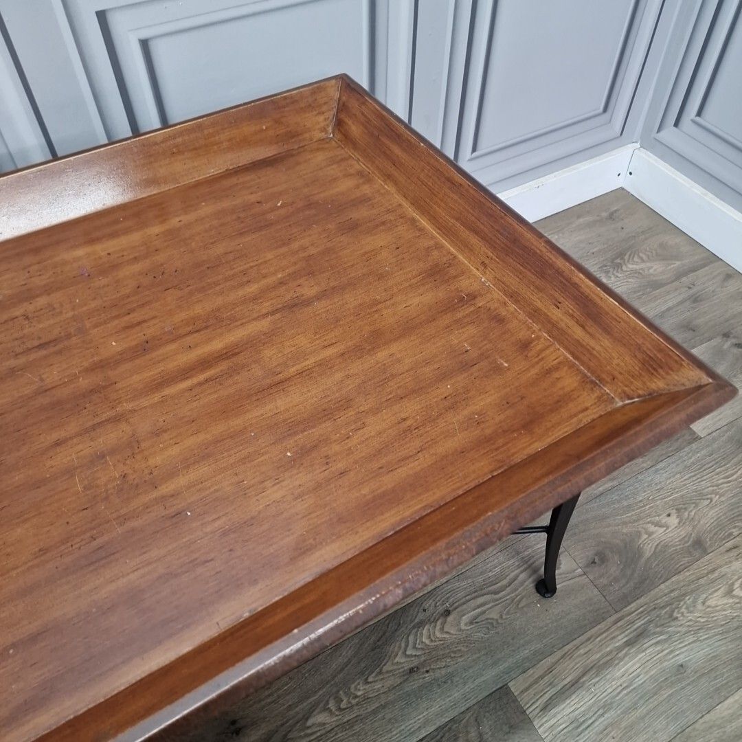 Furniture Danish Inspired Coffee Table Mid Century Modern Wood Metal Lipped Side Retro photo