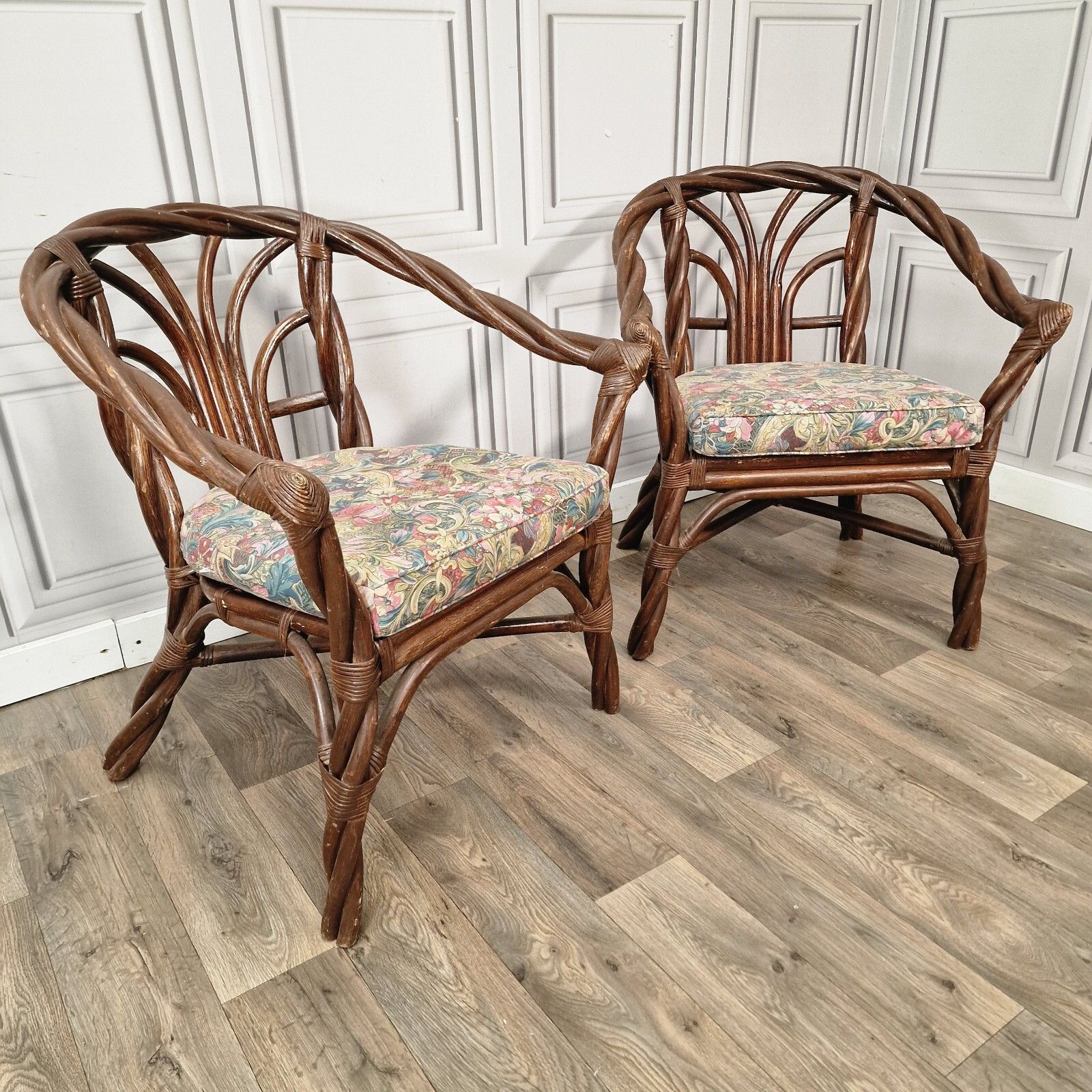 Retro Pair Arm Chairs X2 Twisted Bamboo Wicker Cane Tub Seats Boho Tiki Twist