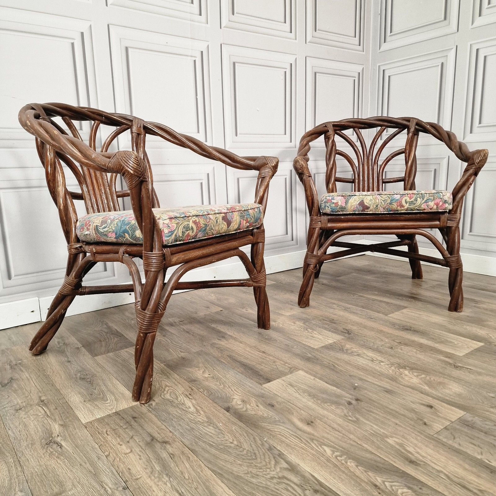 Retro Pair Arm Chairs X2 Twisted Bamboo Wicker Cane Tub Seats Boho Tiki Twist photo furniture